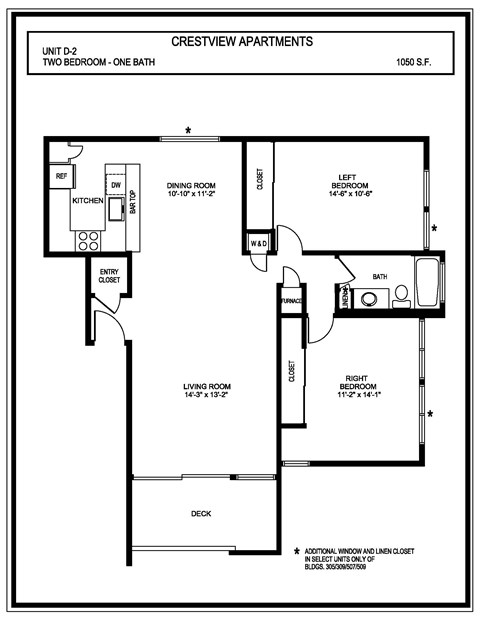 A floor plan for apartment unit D-2 with two bedrooms and one bath.